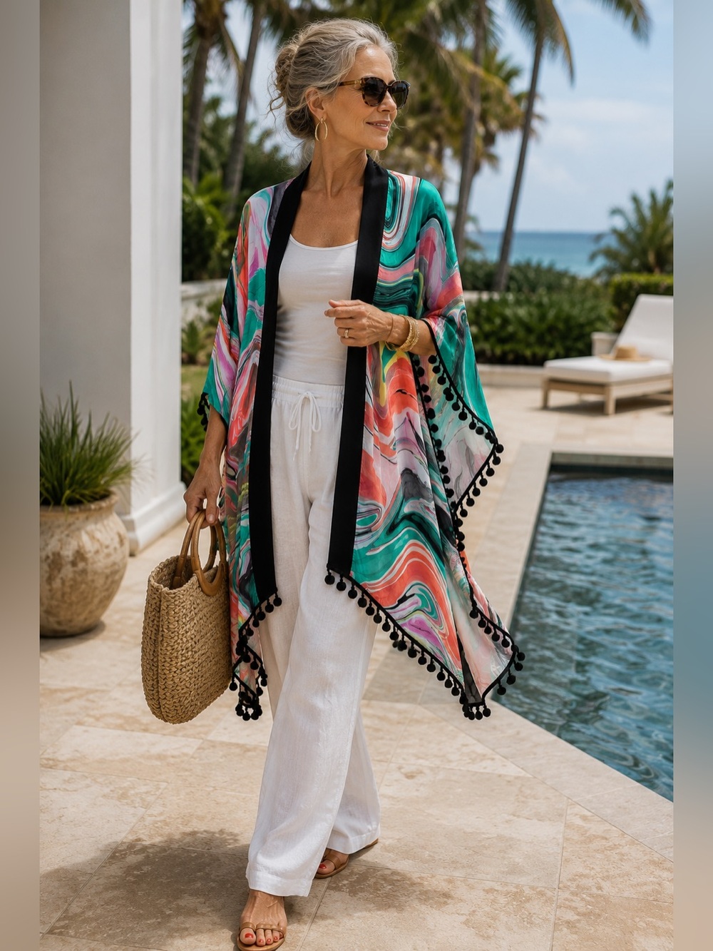 Trina Turk Nazare  Cover Up Kimono OS Colorful Swirl Print Pom Pom Fringe
